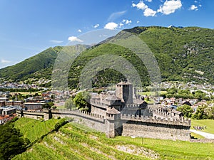 Aerial image of the medieval castle Montebello , Bellinzona, Switzerland