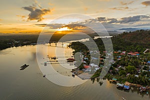 Aerial image of Mengkabong River during twilight sunrise