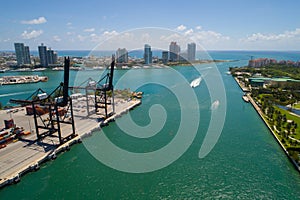 Aerial image of Miami Beach port and Fisher Island Atlantic Ocean