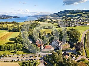 Aerial image of moated Hallwyl Castle in Canton Aargau