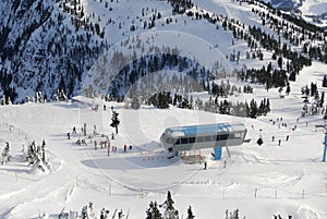 Aerial image of Mt. Washington alpine ski resort, Vancouver Island, BC, Canada