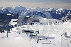 Aerial image of Mt. Washington alpine ski resort, Vancouver Island, BC, Canada