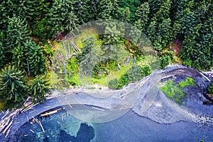 An aerial image of the Ninstints village on Haida Gwaii, BC, Canada