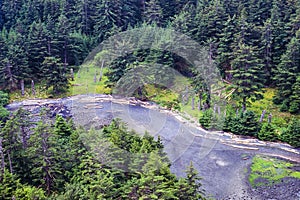 An aerial image of the Ninstints village on Haida Gwaii, BC, Canada