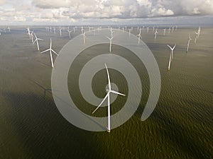 Aerial image of an offshore windpark, Holland