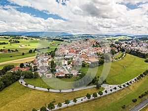 Aerial image of old Swiss town Romont, built on a rock prominence photo