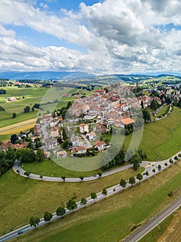 Aerial image of old Swiss town Romont, Freibourg, Switzerland