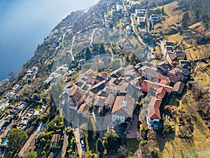 Aerial image of the old town on the top of hill in Morcote.