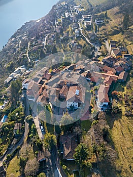 Aerial image of the old town on the top of hill in Morcote.