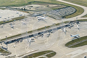 Aerial image of planes at terminals at Orly Airport photo