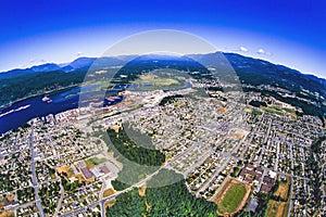 An aerial image of Port Albernia and the pulp and paper mill, BC, Canada