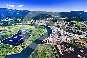 An aerial image of Port Albernia and the pulp and paper mill, BC, Canada