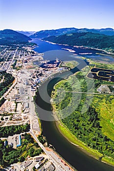 An aerial image of Port Albernia and the pulp and paper mill, BC, Canada