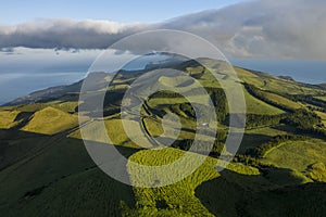 Aerial image showing the volcanic mountains of the San Jorge Island in the Azores, near pico de la Esperanza