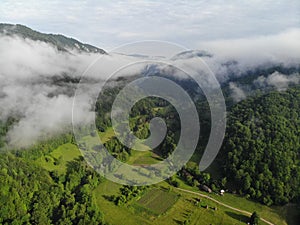 Aerial image with small farm in nera river keys