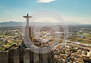 Aerial image Statue of Christ on top of Monteagudo Castle Murcia, Spain