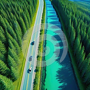 Aerial image in summertime showing a road with automobiles between a green forest and a turquoise