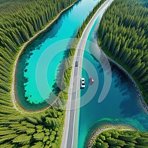 Aerial image in summertime showing a road with automobiles between a green forest and a turquoise