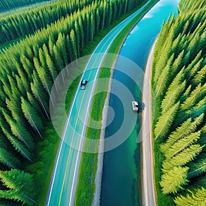 Aerial image in summertime showing a road with automobiles between a green forest and a turquoise