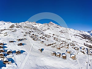 Aerial image of Swiss alps chalet village Lauchernalp