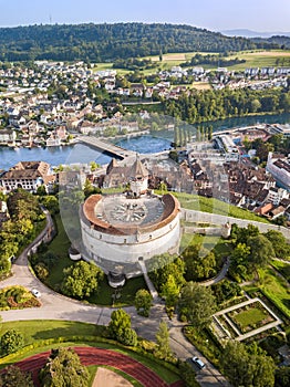 Aerial image of Swiss old town Schaffhausen, with the medieval castle Munot