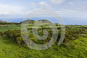 Aerial image of typical volcanic caldeira countryside landscape with volcano cones of Planalto da Achada central plateau of Ilha photo