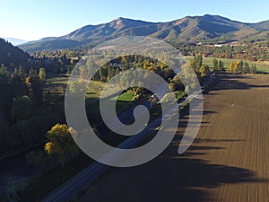 Aerial Images of  Pacific Northwest Rural Farms, Rivers and endless Forrests. RUSCH OREGON