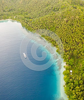 Aerial of Island, Ship, and Fringing Reef in Papua New Guinea