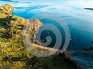 Aerial of Island of the sun at lake Titicaca in Bolivia