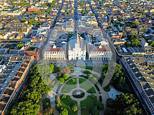 Aerial Jackson Square Saint Louis Cathedral church in New Orleans, Louisiana