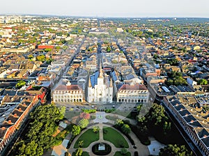 Aerial Jackson Square Saint Louis Cathedral church in New Orleans, Louisiana