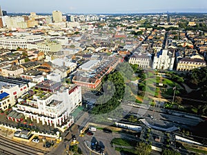 Aerial Jackson Square Saint Louis Cathedral church in New Orleans, Louisiana