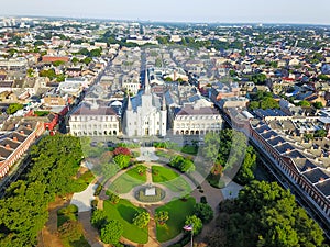 Aerial Jackson Square Saint Louis Cathedral church in New Orleans, Louisiana