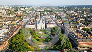 Aerial Jackson Square Saint Louis Cathedral church in New Orleans, Louisiana