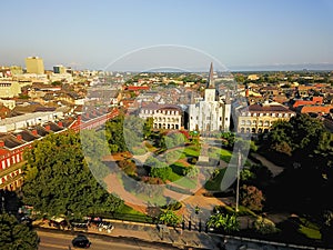 Aerial Jackson Square Saint Louis Cathedral church in New Orleans, Louisiana