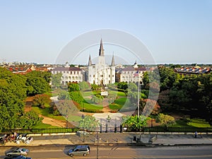 Aerial Jackson Square Saint Louis Cathedral church in New Orleans, Louisiana