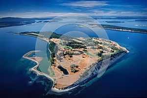 Aerial of James Island, Salish Sea, BC, Canada