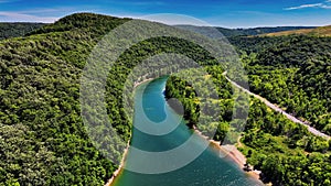 Aerial of Jennings Randolph lake surrounded by woods, West Virginia and Maryland.