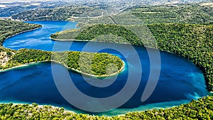 Aerial of Jennings Randolph lake surrounded by woods, West Virginia and Maryland.