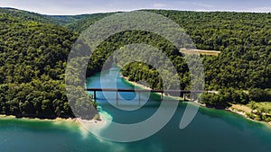 Aerial of Jennings Randolph lake surrounded by woods, West Virginia and Maryland.