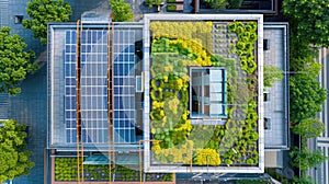 Aerial job of a corporate building with a green roof and solar panels, demonstrating environmental sustainability in