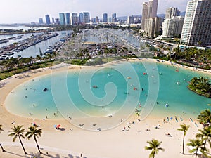 Aerial of Lagoon on the island of Oahu in Honolulu, Hawaii