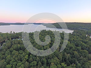 Aerial Lake and Forest Sunset View in Haliburton Highlands