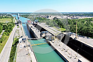 Aerial of a Lake Freighter entering lock in the Welland Canal, Canada