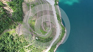 aerial lake and mountain road