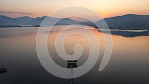 Aerial lake sunset view with moutain Twilight landscape