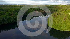 Aerial: lake surrounded by green forest, summer, sunshine