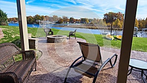 Aerial Lakeside Luxury Patio and Autumn Trees, Lake Jimmerson