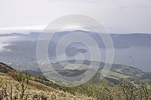 Aerial Landscape with Ashi Lake from Fuji - Hakone - Izu National Park in Japan