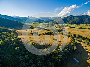 Aerial landscape of Australian countryside at sunset.